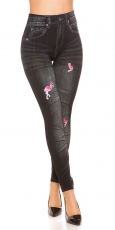 High Waist Thermo-Leggings im Jeans-Look mit Flamingo-Verzierung in black denim