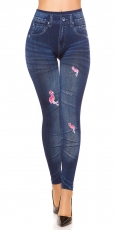 High Waist Thermo-Leggings im Jeans-Look mit Flamingo-Verzierung in blue denim