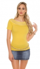 Figurbetontes Shirt mit geflochtener Ausschnittverzierung - gelb