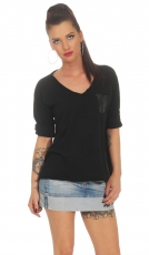 Dünnes Baumwoll-Shirt mit Pailletten-Verzierung - schwarz