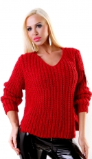 Warmer Grobstrick-Pullover mit seitlichen Schlitz-Cutouts - rot