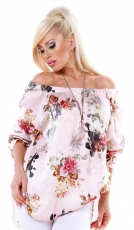 Glänzende Carmen-Bluse mit Blumen-Muster - rosa