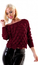 Kurz geschnittener Strickpullover mit Fischschuppen-Optik - bordeaux