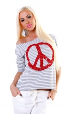 Gestreiftes Langarmshirt mit Peace-Logo - grau/weiß
