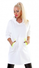 Moderner Longpullover mit Kapuze und Taschen - weiß