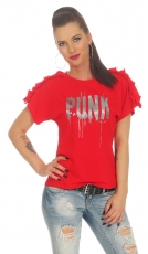 Kurzarm-Shirt mit Glamour-Print und Ärmel-Verzierung - rot