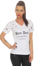 Tailliertes Shirt mit Schrift-Print und Loch-Verzierung - weiß
