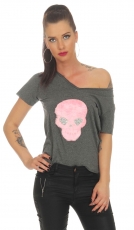 Witziges Shirt mit pinkfarbenen Kunstfell-Skull - graphit