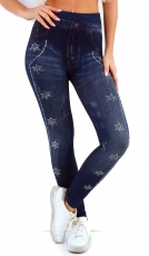 High Waist Thermo-Leggings im Jeans-Look mit Schmucknieten - blau